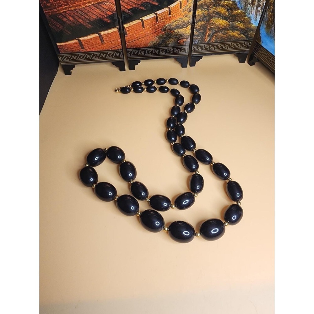 Vintage MONET Necklace Black Graduating Beads Gold Tone Spacer Beads 28"